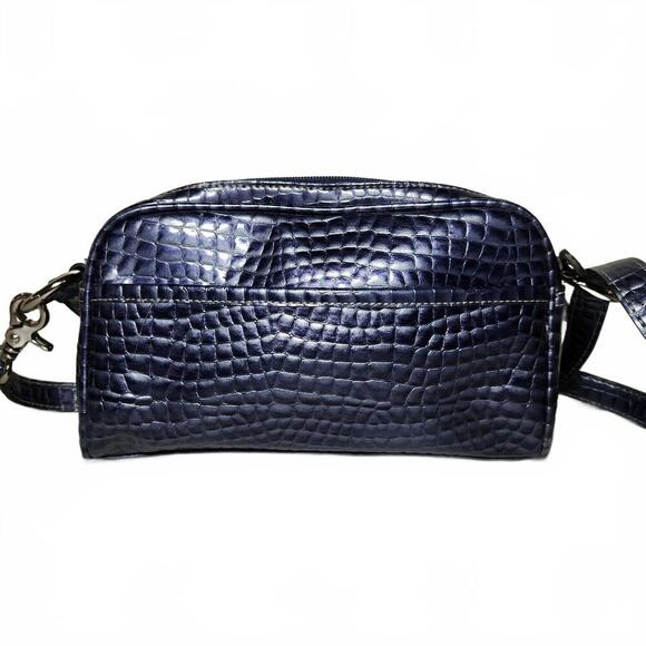 Kathy Van Zeeland Women's Navy Blue Croc-Embossed Leather Crossbody Handbag - Picture 3 of 9